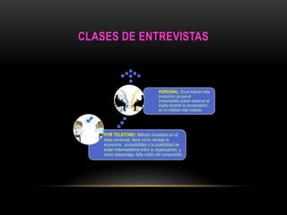 CLASES DE ENTREVISTAS 
PERSONAL: Es el método más 
productivo ya que el 
entrevistador puede observar al 
sujeto durante la conversación, 
es un método más costoso 
POR TELEFONO: Método novedoso en el 
área comercial, tiene cómo ventaja la 
economía , accesibilidad y la posibilidad de 
evitar intermediarios entre la organización, y 
como desventaja, falta visión del consumidor. 
 