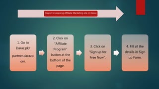 1. Go to
Daraz.pk/
partner.daraz.c
om.
2. Click on
“Affiliate
Program”
button at the
bottom of the
page.
3. Click on
“Sign up for
Free Now”.
4. Fill all the
details in Sign
up Form.
Steps For opening Affiliate Marketing site in Daraz
 