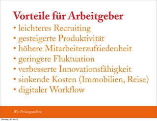 Vorteile für Arbeitgeber
• leichteres Recruiting
• gesteigerte Produktivität
• höhere Mitarbeiterzufriedenheit
• geringere Fluktuation
• verbesserte Innovationsfähigkeit
• sinkende Kosten (Immobilien, Reise)
• digitaler Workflow
Wir Freiangestellten
Dienstag, 28. Mai 13
 
