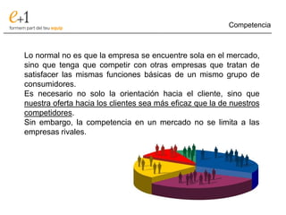 Competencia
___________________________________________________________________________


     Lo normal no es que la empresa se encuentre sola en el mercado,
     sino que tenga que competir con otras empresas que tratan de
     satisfacer las mismas funciones básicas de un mismo grupo de
     consumidores.
     Es necesario no solo la orientación hacia el cliente, sino que
     nuestra oferta hacia los clientes sea más eficaz que la de nuestros
     competidores.
     Sin embargo, la competencia en un mercado no se limita a las
     empresas rivales.
 