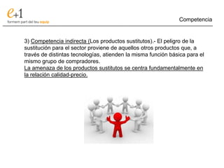 Competencia
___________________________________________________________________________


       3) Competencia indirecta (Los productos sustitutos).- El peligro de la
       sustitución para el sector proviene de aquellos otros productos que, a
       través de distintas tecnologías, atienden la misma función básica para el
       mismo grupo de compradores.
       La amenaza de los productos sustitutos se centra fundamentalmente en
       la relación calidad-precio.
 