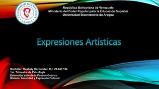 República Bolivariana de Venezuela
Ministerio del Poder Popular para la Educación Superior
Universidad Bicentenaria de Aragua
Bachiller: Rusbely Hernández, C.I: 29.647.194
1er. Trimestre de Psicología
Extensión Valle de la Pascua-Guárico
Materia: Identidad y Expresión Cultural
 