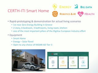 CERTH-ITI Smart Home
• Rapid-prototyping & demonstration for actual living scenarios
• 1st near Zero Energy Building in Greece
• 2-story, 4-bedroom, 3-bathrooms, living room, kitchen
• one of the most important pillars of the Digitise European Industry effort
• Equipment
• Smart Home
• Energy – Solar Panel
• Open to any choice of RADAR AD Tier 3
ROBOTICS & AI HEALTH
ENERGY BIG DATA
 