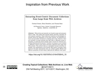 Creating Topical Collections: Web Archives vs. Live Web
@mart1nkle1n
CNI Fall Meeting 2017, 12/11/2017, Washington, DC
16
Inspiration from Previous Work
https://doi.org/10.1007/978-3-319-67008-9_10
 