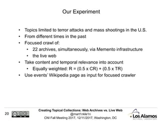 Creating Topical Collections: Web Archives vs. Live Web
@mart1nkle1n
CNI Fall Meeting 2017, 12/11/2017, Washington, DC
20
• Topics limited to terror attacks and mass shootings in the U.S.
• From different times in the past
• Focused crawl of:
• 22 archives, simultaneously, via Memento infrastructure
• the live web
• Take content and temporal relevance into account
• Equally weighted: R = (0.5 x CR) + (0.5 x TR)
• Use events’ Wikipedia page as input for focused crawler
Our Experiment
 