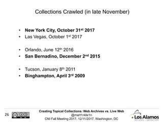 Creating Topical Collections: Web Archives vs. Live Web
@mart1nkle1n
CNI Fall Meeting 2017, 12/11/2017, Washington, DC
26
• New York City, October 31st 2017
• Las Vegas, October 1st 2017
• Orlando, June 12th 2016
• San Bernadino, December 2nd 2015
• Tucson, January 8th 2011
• Binghampton, April 3rd 2009
Collections Crawled (in late November)
 