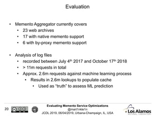 Evaluating Memento Service Optimizations
@mart1nkle1n
JCDL 2019, 06/04/2019, Urbana-Champaign, IL, USA
• Memento Aggregator currently covers
• 23 web archives
• 17 with native memento support
• 6 with by-proxy memento support
• Analysis of log files
• recorded between July 4th 2017 and October 17th 2018
• > 11m requests in total
• Approx. 2.6m requests against machine learning process
• Results in 2.6m lookups to populate cache
• Used as “truth” to assess ML prediction
Evaluation
20
 