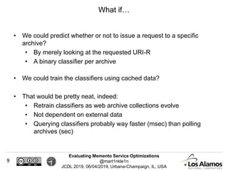 Evaluating Memento Service Optimizations
@mart1nkle1n
JCDL 2019, 06/04/2019, Urbana-Champaign, IL, USA
• We could predict whether or not to issue a request to a specific
archive?
• By merely looking at the requested URI-R
• A binary classifier per archive
• We could train the classifiers using cached data?
• That would be pretty neat, indeed:
• Retrain classifiers as web archive collections evolve
• Not dependent on external data
• Querying classifiers probably way faster (msec) than polling
archives (sec)
What if…
9
 