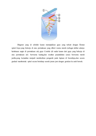 Diagram yang di sebelah kanan menunjukkan gaya yang terkait dengan Ekman
spiral. Gaya yang bekerja di atas permukaan yang diberi warna merah (sebagai akibat adanya
hembusan angin di permukaan air), gaya Coriolis (di sudut kanan dari gaya yang bekerja di
atas permukaan air) berwarna kuning,dan resultan perpindahan (arus) berwarna merah
jambu,yang kemudian menjadi memberikan pengaruh pada lapisan di bawahnya,dan secara
gradual membentuk spiral secara bertahap searah jarum jam dengan gerakan ke arah bawah.
 