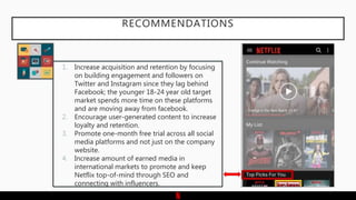 RECOMMENDATIONS
1. Increase acquisition and retention by focusing
on building engagement and followers on
Twitter and Instagram since they lag behind
Facebook; the younger 18-24 year old target
market spends more time on these platforms
and are moving away from facebook.
2. Encourage user-generated content to increase
loyalty and retention.
3. Promote one-month free trial across all social
media platforms and not just on the company
website.
4. Increase amount of earned media in
international markets to promote and keep
Netflix top-of-mind through SEO and
connecting with influencers.
 