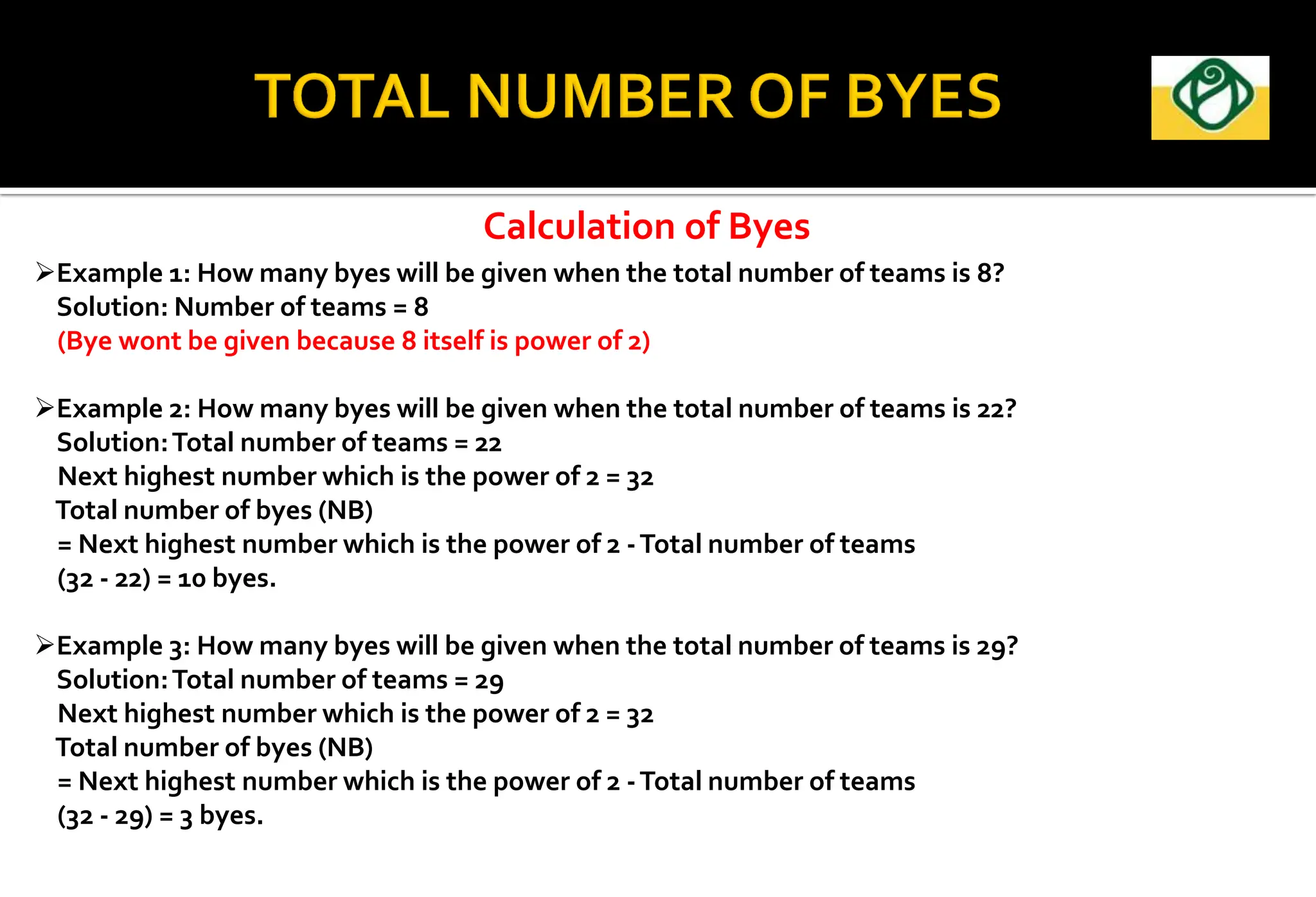 Calculation of Byes
Example 1: How many byes will be given when the total number of teams is 8?
Solution: Number of teams = 8
(Bye wont be given because 8 itself is power of 2)
Example 2: How many byes will be given when the total number of teams is 22?
Solution:Total number of teams = 22
Next highest number which is the power of 2 = 32
Total number of byes (NB)
= Next highest number which is the power of 2 -Total number of teams
(32 - 22) = 10 byes.
Example 3: How many byes will be given when the total number of teams is 29?
Solution:Total number of teams = 29
Next highest number which is the power of 2 = 32
Total number of byes (NB)
= Next highest number which is the power of 2 -Total number of teams
(32 - 29) = 3 byes.
 