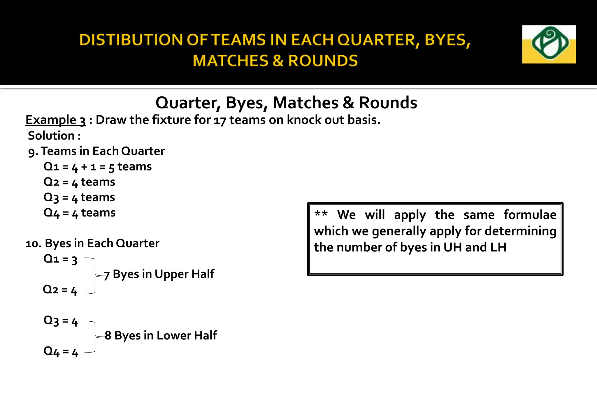 Quarter, Byes, Matches & Rounds
Example 3 : Draw the fixture for 17 teams on knock out basis.
Solution :
9.Teams in Each Quarter
Q1 = 4 + 1 = 5 teams
Q2 = 4 teams
Q3 = 4 teams
Q4 = 4 teams
10. Byes in Each Quarter
Q1 = 3
7 Byes in Upper Half
Q2 = 4
Q3 = 4
8 Byes in Lower Half
Q4 = 4
** We will apply the same formulae
which we generally apply for determining
the number of byes in UH and LH
 