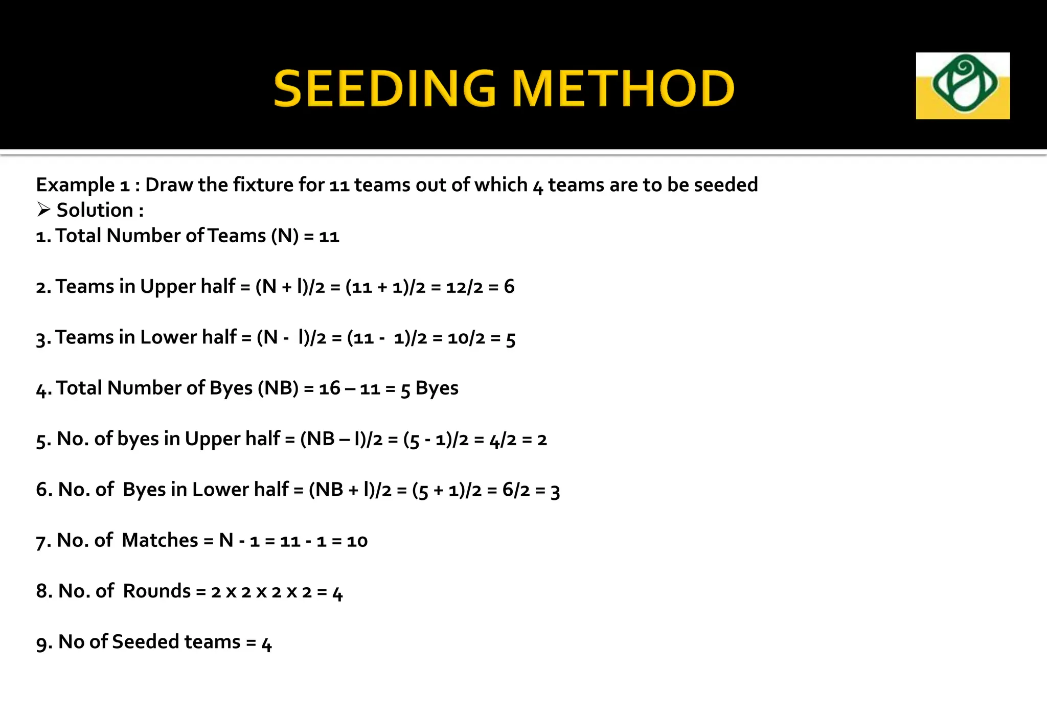 Example 1 : Draw the fixture for 11 teams out of which 4 teams are to be seeded
 Solution :
1.Total Number ofTeams (N) = 11
2.Teams in Upper half = (N + l)/2 = (11 + 1)/2 = 12/2 = 6
3.Teams in Lower half = (N - l)/2 = (11 - 1)/2 = 10/2 = 5
4.Total Number of Byes (NB) = 16 – 11 = 5 Byes
5. No. of byes in Upper half = (NB – I)/2 = (5 - 1)/2 = 4/2 = 2
6. No. of Byes in Lower half = (NB + l)/2 = (5 + 1)/2 = 6/2 = 3
7. No. of Matches = N - 1 = 11 - 1 = 10
8. No. of Rounds = 2 x 2 x 2 x 2 = 4
9. No of Seeded teams = 4
 
