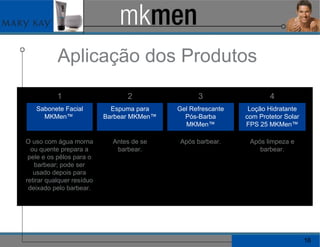 Aplicação dos Produtos  1 Sabonete Facial MKMen™  4 Loção Hidratante com Protetor Solar FPS 25 MKMen™ 3 Gel Refrescante Pós-Barba MKMen™ 2 Espuma para Barbear MKMen™ O uso com água morna ou quente prepara a pele e os pêlos para o barbear; pode ser usado depois para retirar qualquer resíduo deixado pelo barbear. Após limpeza e barbear. Após barbear. Antes de se barbear. 