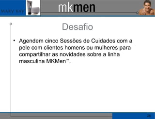 Desafio Agendem cinco Sessões de Cuidados com a pele com clientes homens ou mulheres para compartilhar as novidades sobre a linha masculina MKMen ™ . 
