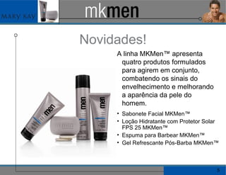 Novidades! A linha MKMen™ apresenta quatro produtos formulados para agirem em conjunto, combatendo os sinais do envelhecimento e melhorando a aparência da pele do homem. Sabonete Facial MKMen™ Loção Hidratante com Protetor Solar FPS 25 MKMen™ Espuma para Barbear MKMen™ Gel Refrescante Pós-Barba MKMen™ 
