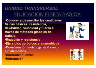 UNIDAD TRANSVERSAL
EDUCACION FISICA BASICA
• Conocer y desarrollar las cualidades
físicas básicas: resistencia,
flexibilidad, velocidad y fuerza a
través de métodos globales de
trabajo.trabajo.
•Reacción y resistencia
•Ejercicios aeróbicos y anaeróbicos
•Coordinación motriz general con o
sin elementos
•Diferentes fuerzas
•Hidratación
 
