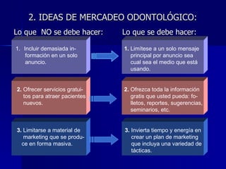 2. IDEAS DE MERCADEO ODONTOLÓGICO: Lo que  NO se debe hacer:  Lo que se debe hacer: Incluir demasiada in- formación en un solo anuncio. 1.  Limítese a un solo mensaje  principal por anuncio sea  cual sea el medio que está  usando. 2.  Ofrecer servicios gratui- tos para atraer pacientes nuevos. 2.  Ofrezca toda la información  gratis que usted pueda: fo- lletos, reportes, sugerencias, seminarios, etc. 3.  Limitarse a material de  marketing que se produ- ce en forma masiva.   3.  Invierta tiempo y energía en crear un plan de marketing  que incluya una variedad de  tácticas. 