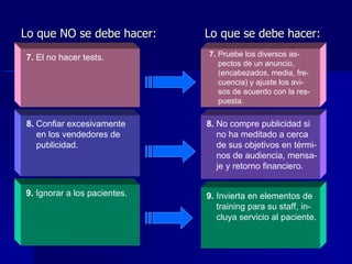 Lo que NO se debe hacer:  Lo que se debe hacer: 7.  El no hacer tests. 7.  Pruebe los diversos as- pectos de un anuncio, (encabezados, media, fre- cuencia) y ajuste los avi- sos de acuerdo con la res- puesta. 8.  Confiar excesivamente  en los vendedores de publicidad. 8.  No compre publicidad si  no ha meditado a cerca de sus objetivos en térmi- nos de audiencia, mensa- je y retorno financiero. 9.  Ignorar a los pacientes. 9.  Invierta en elementos de  training para su staff, in- cluya servicio al paciente. 