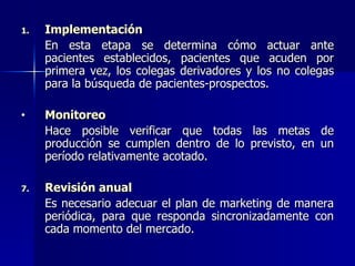 Implementación En esta etapa se determina cómo actuar ante pacientes establecidos, pacientes que acuden por primera vez, los colegas derivadores y los no colegas para la búsqueda de pacientes-prospectos.  Monitoreo Hace posible verificar que todas las metas de producción se cumplen dentro de lo previsto, en un período relativamente acotado.  Revisión anual Es necesario adecuar el plan de marketing de manera periódica, para que responda sincronizadamente con cada momento del mercado.  