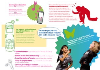 Een ringtone bestellen                                                                    Eén op de tien 8 t/m 12-jarigen heeft wel eens een
doet maar 7% van de jongeren.                                                             ongewenst abonnement
                                                                                          gehad op sms-diensten als ringtones of een
Stemmen per sms                                                                           sms-spel. Dat geldt ook voor een kwart van de
(bijvoorbeeld bij tv-programma’s als                                                      13 t/m 17-jarigen. Vmbo-leerlingen hebben
Idols) doet   11% weleens.                                                                vaker een ongewenst abonnement gehad
Vooral meisjes vinden stemmen leuk.                                                       dan havo- en vwo-leerlingen. De helft van de
                                                                                          jongeren is hier meer dan 10 euro aan kwijtgeraakt.
                                                                                          12% van de jongeren vult soms zijn mobiele nummer in op
                                                                                          internet. Kinderen die weleens hun nummer geven, hadden
                                                                                          vaker een ongewenst abonnement.




                 De meeste ouders betalen
                 de telefoonkosten van
                 hun kind.
                 Als ze een abonnement hebben, gebeurt
                 dat vaker dan bij een prepaid telefoon.                                                                                                          igen
                                                                                                                                                              -jarun oude
                                                                                                                                                                               rs
                                                                                                                                                          18 h
                 Sommige kinderen en ouders delen de
                                                                                                                                                     e 8- n             an, z
                                                                                                                                                                              e
                                                                                                                                                an dbiel va sms’en ze d
                                                                                                                                              v o
                                                                                                                                       rde
                 kosten. Jongeren met een abonnement
                                                                                                                                   edems de mmee bellen pelletjes op.
                                                                                                                                                             en
                 geven veel meer geld uit aan hun mobiel                                                                          e o
                                                                                                                                tw g s             r
                                                                                                                                               Daa       er s
                                                                                                                                ma ruiken. ee of spelen
                 dan jongeren met een prepaid mobiel.

                                                                                                                                 geb r foto’s m
                                                                                                                                      en e
                                                                                                                                   mak




              • tijdens het eten mag je wel bellen of sms’en, dat vindt eén op de vijf
               jongeren

              • bellen of sms’en in de bioscoop mag van13% van de jongeren
              • In de klas bellen of sms’en vindt 22% goed, vooral 15-plussers
              • Als je in gesprek bent, mag je niet bellen of een sms lezen: drie op
               de vijf 8-18-jarigen vindt dat

              • Je moet je oordopjes uit doen als je iemand tegenkomt op
               straat, bij de kassa staat of bij de buschauffeur instapt: 83% is het daarmee eens.
 
