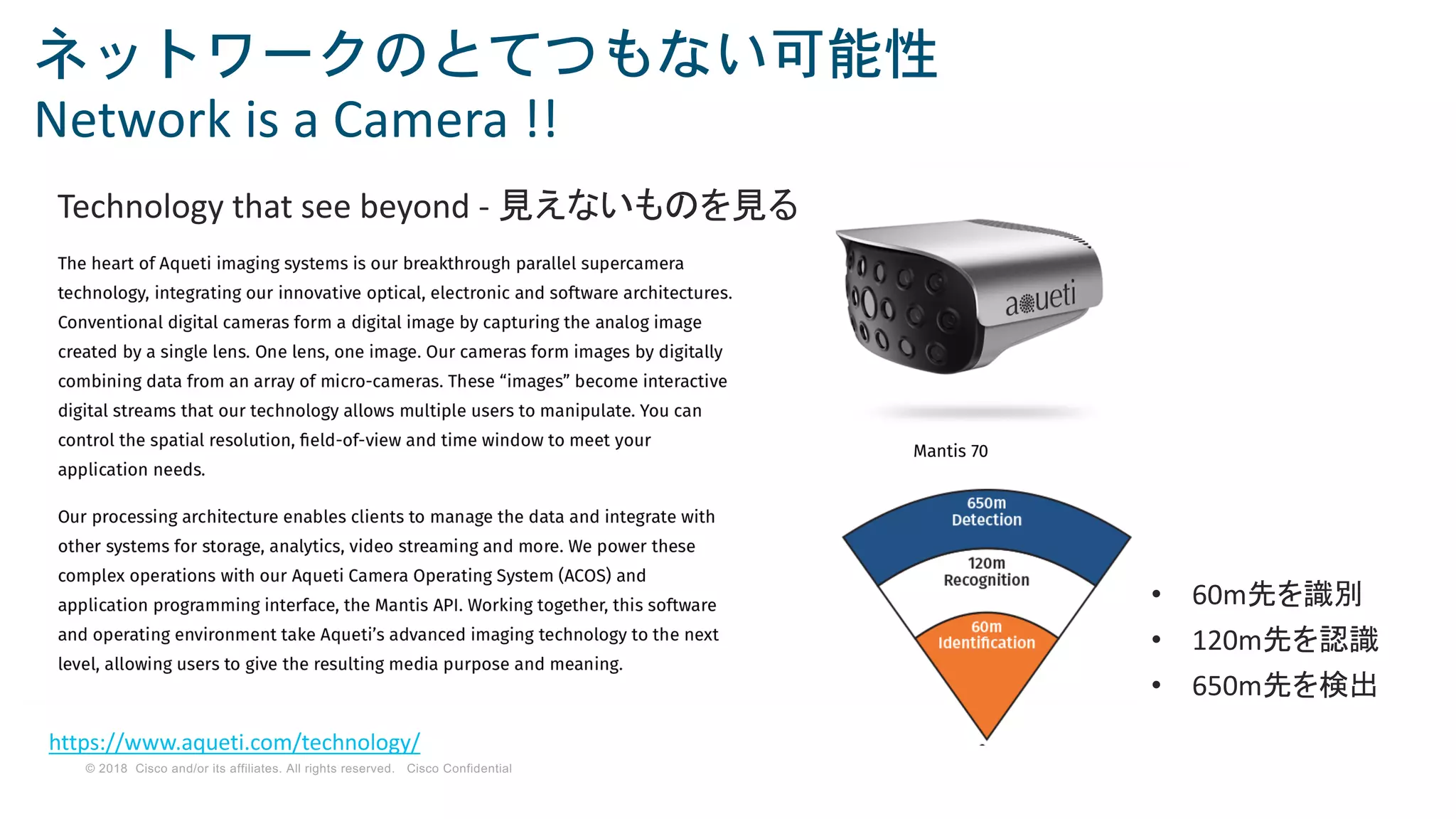 © 2018 Cisco and/or its affiliates. All rights reserved. Cisco Confidential
ネットワークのとてつもない可能性
Network is a Camera !!
https://www.aqueti.com/technology/
Technology that see beyond - 見えないものを見る
• 60m先を識別
• 120m先を認識
• 650m先を検出
 