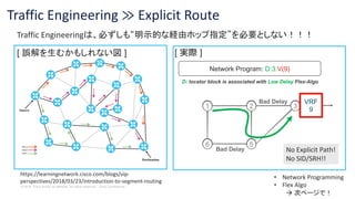 © 2018 Cisco and/or its affiliates. All rights reserved. Cisco Confidential
Traffic Engineering ≫ Explicit Route
1 2
6 5
3
VRF
9
Bad Delay
Bad Delay
D: locator block is associated with Low Delay Flex-Algo
Network Program: D:3:V(9)
https://learningnetwork.cisco.com/blogs/vip-
perspectives/2018/03/23/introduction-to-segment-routing
Traffic Engineeringは、必ずしも“明示的な経由ホップ指定”を必要としない！！！
[ 誤解を生むかもしれない図 ] [ 実際 ]
No Explicit Path!
No SID/SRH!!
• Network Programming
• Flex Algo
à 次ページで！
 