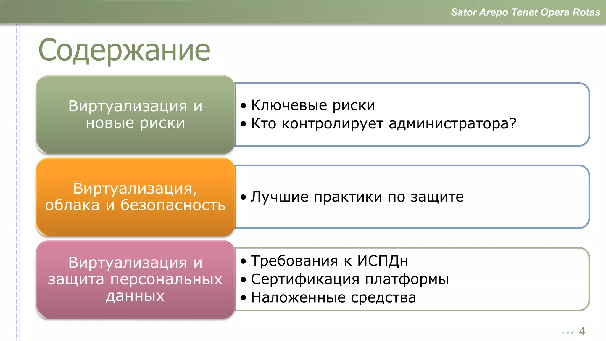 Sator Arepo Tenet Opera Rotas



Содержание
  Виртуализация и     • Ключевые риски
    новые риски       • Кто контролирует администратора?



   Виртуализация,
                      • Лучшие практики по защите
облака и безопасность


  Виртуализация и     • Требования к ИСПДн
защита персональных   • Сертификация платформы
      данных          • Наложенные средства

                                                                      …4
 