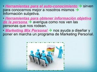 Herramientas para el auto-conocimiento    sirven para conocernos mejor a nosotros mismos    Información subjetiva. Herramientas para obtener información objetiva de la persona     averigua como nos ven las personas que nos rodean. Marketing Mix Personal    nos ayuda a diseñar y poner en marcha un programa de Marketing Personal. 