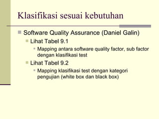 Klasifikasi sesuai kebutuhan Software Quality Assurance (Daniel Galin) Lihat Tabel 9.1 Mapping antara software quality factor, sub factor dengan klasifikasi test Lihat Tabel 9.2 Mapping klasifikasi test dengan kategori pengujian (white box dan black box) 