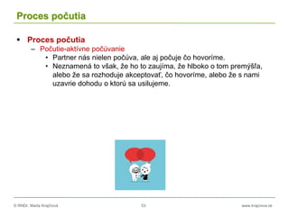 © RNDr. Marta Krajčíová 53 www.krajciova.sk
Proces počutia
 Proces počutia
– Počutie-aktívne počúvanie
• Partner nás nielen počúva, ale aj počuje čo hovoríme.
• Neznamená to však, že ho to zaujíma, že hlboko o tom premýšľa,
alebo že sa rozhoduje akceptovať, čo hovoríme, alebo že s nami
uzavrie dohodu o ktorú sa usilujeme.
 