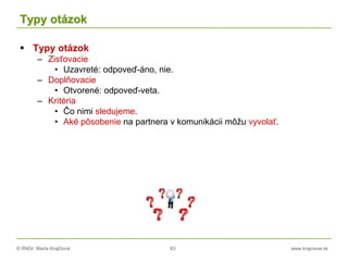 © RNDr. Marta Krajčíová 63 www.krajciova.sk
Typy otázok
 Typy otázok
– Zisťovacie
• Uzavreté: odpoveď-áno, nie.
– Doplňovacie
• Otvorené: odpoveď-veta.
– Kritéria
• Čo nimi sledujeme.
• Aké pôsobenie na partnera v komunikácii môžu vyvolať.
 