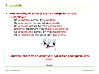 © RNDr. Marta Krajčíová 79 www.krajciova.sk
1. pravidlo
 Komunikačných bariér je šesť a hľadajte ich u seba
i u ostatných.
– Čo je myslené, nemusí byť povedané.
– Čo je povedané, nemusí byť vždy počuté.
– Čo je počuté, nemusí byť vždy porozumené.
– Rozumieť neznamená vždy chápať a stotožniť sa.
– Čo je pochopené, nemusí byť vždy realizované.
– Čo je realizované, nemusí sa vždy stať rutinou.
Čím viac toho vieme o ostatných, tým lepšie pochopíme sami
seba.
Skinner
 