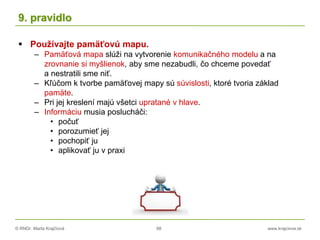 © RNDr. Marta Krajčíová 88 www.krajciova.sk
9. pravidlo
 Používajte pamäťovú mapu.
– Pamäťová mapa slúži na vytvorenie komunikačného modelu a na
zrovnanie si myšlienok, aby sme nezabudli, čo chceme povedať
a nestratili sme niť.
– Kľúčom k tvorbe pamäťovej mapy sú súvislosti, ktoré tvoria základ
pamäte.
– Pri jej kreslení majú všetci upratané v hlave.
– Informáciu musia poslucháči:
• počuť
• porozumieť jej
• pochopiť ju
• aplikovať ju v praxi
 