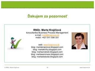 © RNDr. Marta Krajčíová 92 www.krajciova.sk
RNDr. Marta Krajčíová
konzultantka Business Process Management
e-mail: mail@krajciova.sk
mobil: +421 911 556 331
web: www.krajciova.sk
blog: martakrajciova.blogspot.com
blog: martaknihy.blogspot.com
blog: martaznalosti.blogspot.com
blog: martaseminare.blogspot.com
blog: martasloboda.blogspot.com
Ďakujem za pozornosť
 