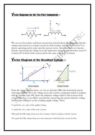 Vector Diagrams for the Two Pure Components :-
We can see from above and from our previous tutorial about AC Resistance that the
voltage and current in a resistive circuit are both in phase and therefore vector VR is
drawn superimposed to scale onto the current vector. Also from above it is known
that the current lags the voltage in an AC inductance (pure) circuit therefore vector VL
is drawn 90o
in front of the current and to the same scale as VR as shown.
Vector Diagram of the Resultant Voltage ::
From the vector diagram above, we can see that line OB is the horizontal current
reference and line OA is the voltage across the resistive component which is in-phase
with the current. Line OC shows the inductive voltage which is 90o in front of the
current therefore it can still be seen that the current lags the purely inductive voltage
by 90o. Line OD gives us the resulting supply voltage. Then:
V equals the r.m.s value of the applied voltage.
I equals the r.m.s. value of the series current.
VR equals the I.R voltage drop across the resistance which is in-phase with the current.
VL equals the I.XL voltage drop across the inductance which leads the current by 90o.
 