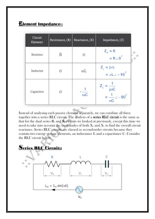 Element Impedance::
Instead of analysing each passive element separately, we can combine all three
together into a series RLC circuit. The analysis of a series RLC circuit is the same as
that for the dual series RL and RC circuits we looked at previously, except this time we
need to take into account the magnitudes of both XL and XC to find the overall circuit
reactance. Series RLC circuits are classed as second-order circuits because they
contain two energy storage elements, an inductance L and a capacitance C. Consider
the RLC circuit below.
Series RLC Circuit::
 