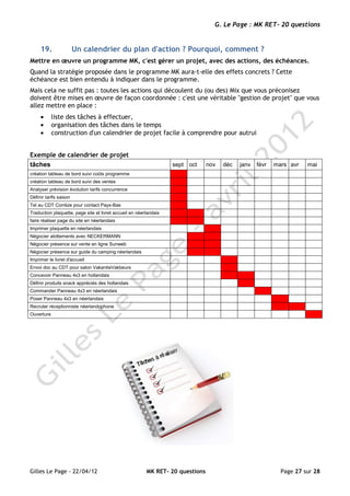 G. Le Page : MK RET- 20 questions


     19.                Un calendrier du plan d'action ? Pourquoi, comment ?
Mettre en œuvre un programme MK, c'est gérer un projet, avec des actions, des échéances.
Quand la stratégie proposée dans le programme MK aura-t-elle des effets concrets ? Cette
échéance est bien entendu à indiquer dans le programme.
Mais cela ne suffit pas : toutes les actions qui découlent du (ou des) Mix que vous préconisez
doivent être mises en œuvre de façon coordonnée : c'est une véritable "gestion de projet" que vous
allez mettre en place :
     •      liste des tâches à effectuer,
     •      organisation des tâches dans le temps
     •      construction d'un calendrier de projet facile à comprendre pour autrui


Exemple de calendrier de projet
tâches                                                             sept oct     nov   déc   janv   févr   mars avr   mai
création tableau de bord suivi coûts programme
création tableau de bord suivi des ventes
Analyser prévision évolution tarifs concurrence
Définir tarifs saison
Tel au CDT Corrèze pour contact Pays-Bas
Traduction plaquette, page site et livret accueil en néerlandais
faire réaliser page du site en néerlandais
Imprimer plaquette en néerlandais
Négocier alottements avec NECKERMANN
Négocier présence sur vente en ligne Sunweb
Négocier présence sur guide du camping néerlandais
Imprimer le livret d'accueil
Envoi doc au CDT pour salon VakantieVakbeurs
Concevoir Panneau 4x3 en hollandais
Définir produits snack appréciés des hollandais
Commander Panneau 4x3 en néerlandais
Poser Panneau 4x3 en néerlandais
Recruter réceptionniste néerlandophone
Ouverture




Gilles Le Page - 22/04/12                                MK RET- 20 questions                               Page 27 sur 28
 