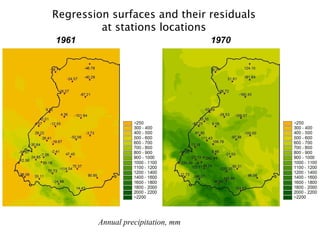 Regression surfaces and their residuals
at stations locations
1961 1970
Predicted annual precipitation and residuals, mm
 