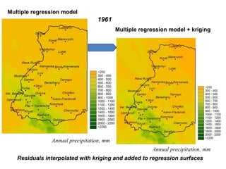 1961
Multiple regression model
Multiple regression model + kriging
Annual precipitation, mm
Annual precipitation, mm
Residuals interpolated with kriging and added to regression surfaces
 