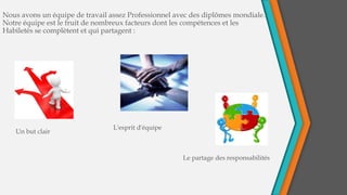Nous avons un équipe de travail assez Professionnel avec des diplômes mondiale.
Notre équipe est le fruit de nombreux facteurs dont les compétences et les
Habiletés se complètent et qui partagent :
Un but clair
L'esprit d'équipe
Le partage des responsabilités
 