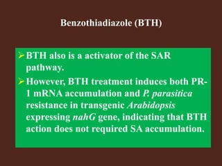 Benzothiadiazole (BTH)
BTH also is a activator of the SAR
pathway.
However, BTH treatment induces both PR-
1 mRNA accumulation and P. parasitica
resistance in transgenic Arabidopsis
expressing nahG gene, indicating that BTH
action does not required SA accumulation.
 