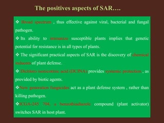 The positives aspects of SAR….
 Broad spectrum , thus effective against viral, bacterial and fungal
pathogen.
 Its ability to immunize susceptible plants implies that genetic
potential for resistance is in all types of plants.
 The significant practical aspects of SAR is the discovery of chemical
inducers of plant defense.
 Dichloro isonicotinic acid (DCINA) provides systemic protection , as
provided by biotic agents.
New generation fungicides act as a plant defense system , rather than
killing pathogen.
ICGA-245 704, a benzothiadiazole compound (plant activator)
switches SAR in host plant.
 