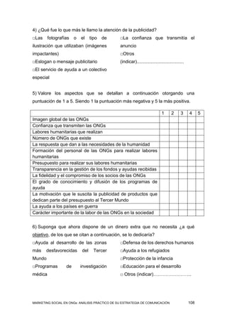 4) ¿Qué fue lo que más le llamo la atención de la publicidad?
□Las     fotografías   o   el    tipo   de      □La confianza que transmitía el
ilustración que utilizaban (imágenes            anuncio
impactantes)                                    □Otros
□Eslogan o mensaje publicitario                 (indicar).....................................
□El servicio de ayuda a un colectivo
especial


5) Valore los aspectos que se detallan a continuación otorgando una
puntuación de 1 a 5. Siendo 1 la puntuación más negativa y 5 la más positiva.

                                                                             1      2      3     4     5
Imagen global de las ONGs
Confianza que transmiten las ONGs
Labores humanitarias que realizan
Número de ONGs que existe
La respuesta que dan a las necesidades de la humanidad
Formación del personal de las ONGs para realizar labores
humanitarias
Presupuesto para realizar sus labores humanitarias
Transparencia en la gestión de los fondos y ayudas recibidas
La fidelidad y el compromiso de los socios de las ONGs
El grado de conocimiento y difusión de los programas de
ayuda
La motivación que le suscita la publicidad de productos que
dedican parte del presupuesto al Tercer Mundo
La ayuda a los países en guerra
Carácter importante de la labor de las ONGs en la sociedad


6) Suponga que ahora dispone de un dinero extra que no necesita ¿a qué
objetivo, de los que se citan a continuación, se lo dedicaría?
□Ayuda al desarrollo de las zonas               □Defensa de los derechos humanos
más    desfavorecidas      del     Tercer       □Ayuda a los refugiados
Mundo                                           □Protección de la infancia
□Programas        de       investigación        □Educación para el desarrollo
médica                                          □ Otros (indicar)…………………….




MARKETING SOCIAL EN ONGs: ANÁLISIS PRÁCTICO DE SU ESTRATEGIA DE COMUNICACIÓN                     108
 