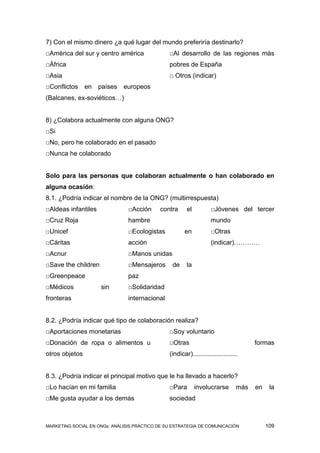 7) Con el mismo dinero ¿a qué lugar del mundo preferiría destinarlo?
□América del sur y centro américa               □Al desarrollo de las regiones más
□África                                         pobres de España
□Asia                                           □ Otros (indicar)
□Conflictos     en   países   europeos
(Balcanes, ex-soviéticos…)


8) ¿Colabora actualmente con alguna ONG?
□Si
□No, pero he colaborado en el pasado
□Nunca he colaborado


Solo para las personas que colaboran actualmente o han colaborado en
alguna ocasión:
8.1. ¿Podría indicar el nombre de la ONG? (multirrespuesta)
□Aldeas infantiles              □Acción     contra      el          □Jóvenes del tercer
□Cruz Roja                      hambre                              mundo
□Unicef                         □Ecologistas           en           □Otras
□Cáritas                        acción                              (indicar)…………
□Acnur                          □Manos unidas
□Save the children              □Mensajeros      de     la
□Greenpeace                     paz
□Médicos             sin        □Solidaridad
fronteras                       internacional


8.2. ¿Podría indicar qué tipo de colaboración realiza?
□Aportaciones monetarias                        □Soy voluntario
□Donación de ropa o alimentos u                 □Otras                                 formas
otros objetos                                   (indicar).........................


8.3. ¿Podría indicar el principal motivo que le ha llevado a hacerlo?
□Lo hacían en mi familia                        □Para        involucrarse        más   en    la
□Me gusta ayudar a los demás                    sociedad



MARKETING SOCIAL EN ONGs: ANÁLISIS PRÁCTICO DE SU ESTRATEGIA DE COMUNICACIÓN                109
 