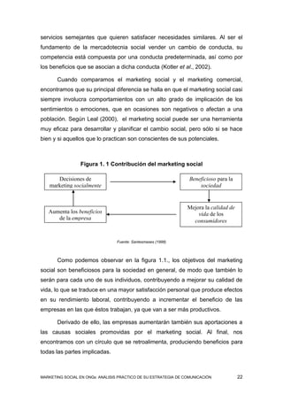 servicios semejantes que quieren satisfacer necesidades similares. Al ser el
fundamento de la mercadotecnia social vender un cambio de conducta, su
competencia está compuesta por una conducta predeterminada, así como por
los beneficios que se asocian a dicha conducta (Kotler et al., 2002).

       Cuando comparamos el marketing social y el marketing comercial,
encontramos que su principal diferencia se halla en que el marketing social casi
siempre involucra comportamientos con un alto grado de implicación de los
sentimientos o emociones, que en ocasiones son negativos o afectan a una
población. Según Leal (2000), el marketing social puede ser una herramienta
muy eficaz para desarrollar y planificar el cambio social, pero sólo si se hace
bien y si aquellos que lo practican son conscientes de sus potenciales.



                 Figura 1. 1 Contribución del marketing social

       Decisiones de                                              Beneficioso para la
    marketing socialmente                                             sociedad
        responsable

                                                                 Mejora la calidad de
   Aumenta los beneficios                                            vida de los
      de la empresa                                                consumidores


                                  Fuente: Santesmases (1998)



       Como podemos observar en la figura 1.1., los objetivos del marketing
social son beneficiosos para la sociedad en general, de modo que también lo
serán para cada uno de sus individuos, contribuyendo a mejorar su calidad de
vida, lo que se traduce en una mayor satisfacción personal que produce efectos
en su rendimiento laboral, contribuyendo a incrementar el beneficio de las
empresas en las que éstos trabajan, ya que van a ser más productivos.

       Derivado de ello, las empresas aumentarán también sus aportaciones a
las causas sociales promovidas por el marketing social. Al final, nos
encontramos con un círculo que se retroalimenta, produciendo beneficios para
todas las partes implicadas.



MARKETING SOCIAL EN ONGs: ANÁLISIS PRÁCTICO DE SU ESTRATEGIA DE COMUNICACIÓN            22
 