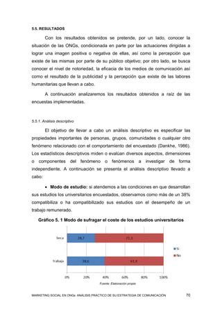 5.5. RESULTADOS

        Con los resultados obtenidos se pretende, por un lado, conocer la
situación de las ONGs, condicionada en parte por las actuaciones dirigidas a
lograr una imagen positiva o negativa de ellas, así como la percepción que
existe de las mismas por parte de su público objetivo; por otro lado, se busca
conocer el nivel de notoriedad, la eficacia de los medios de comunicación así
como el resultado de la publicidad y la percepción que existe de las labores
humanitarias que llevan a cabo.

        A continuación analizaremos los resultados obtenidos a raíz de las
encuestas implementadas.



5.5.1. Análisis descriptivo

        El objetivo de llevar a cabo un análisis descriptivo es especificar las
propiedades importantes de personas, grupos, comunidades o cualquier otro
fenómeno relacionado con el comportamiento del encuestado (Dankhe, 1986).
Los estadísticos descriptivos miden o evalúan diversos aspectos, dimensiones
o   componentes         del fenómeno     o    fenómenos            a   investigar   de   forma
independiente. A continuación se presenta el análisis descriptivo llevado a
cabo:

         Modo de estudio: si atendemos a las condiciones en que desarrollan
sus estudios los universitarios encuestados, observamos como más de un 38%
compatibiliza o ha compatibilizado sus estudios con el desempeño de un
trabajo remunerado.

    Gráfico 5. 1 Modo de sufragar el coste de los estudios universitarios




                                      Fuente: Elaboración propia


MARKETING SOCIAL EN ONGs: ANÁLISIS PRÁCTICO DE SU ESTRATEGIA DE COMUNICACIÓN                70
 