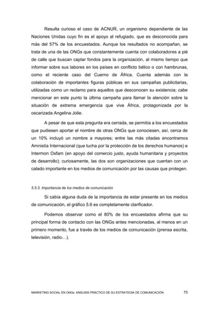 Resulta curioso el caso de ACNUR, un organismo dependiente de las
Naciones Unidas cuyo fin es el apoyo al refugiado, que es desconocida para
más del 57% de los encuestados. Aunque los resultados no acompañan, se
trata de una de las ONGs que constantemente cuenta con colaboradores a pié
de calle que buscan captar fondos para la organización, al mismo tiempo que
informar sobre sus labores en los países en conflicto bélico o con hambrunas,
como el reciente caso del Cuerno de África. Cuenta además con la
colaboración de importantes figuras públicas en sus campañas publicitarias,
utilizadas como un reclamo para aquellos que desconocen su existencia; cabe
mencionar en este punto la última campaña para llamar la atención sobre la
situación de extrema emergencia que vive África, protagonizada por la
oscarizada Angelina Jolie.

       A pesar de que esta pregunta era cerrada, se permitía a los encuestados
que pudiesen aportar el nombre de otras ONGs que conociesen, así, cerca de
un 10% incluyó un nombre a mayores; entre las más citadas encontramos
Amnistía Internacional (que lucha por la protección de los derechos humanos) e
Intermon Oxfam (en apoyo del comercio justo, ayuda humanitaria y proyectos
de desarrollo); curiosamente, las dos son organizaciones que cuentan con un
calado importante en los medios de comunicación por las causas que protegen.



5.5.3. Importancia de los medios de comunicación

       Si cabía alguna duda de la importancia de estar presente en los medios
de comunicación, el gráfico 5.6 es completamente clarificador.

       Podemos observar como el 80% de los encuestados afirma que su
principal forma de contacto con las ONGs antes mencionadas, al menos en un
primero momento, fue a través de los medios de comunicación (prensa escrita,
televisión, radio…).




MARKETING SOCIAL EN ONGs: ANÁLISIS PRÁCTICO DE SU ESTRATEGIA DE COMUNICACIÓN   75
 