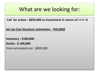 What are we looking for:
Call for action : $850,000 as investment in return of >>>> %
Set Up Cost Structure estimation. 750,000$
Inventory : $100,000
Assets : $ 100,000
Total estimated cost : $850,000
 