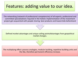 Our Solution:
The multiplying effect: process analogies, modular building, repetitive building units and
the like, therefore permanent efficiency increase.
Defined market advantages and unique selling pointsAdvantages from geopolitical
market changes.
The networking (network of professional competencies) of all experts, professional and
committed specializations required in the holistic implementation of the investment
project get acquainted with people sharing best products and lowest bids beforehand
Features: adding value to our idea.
 